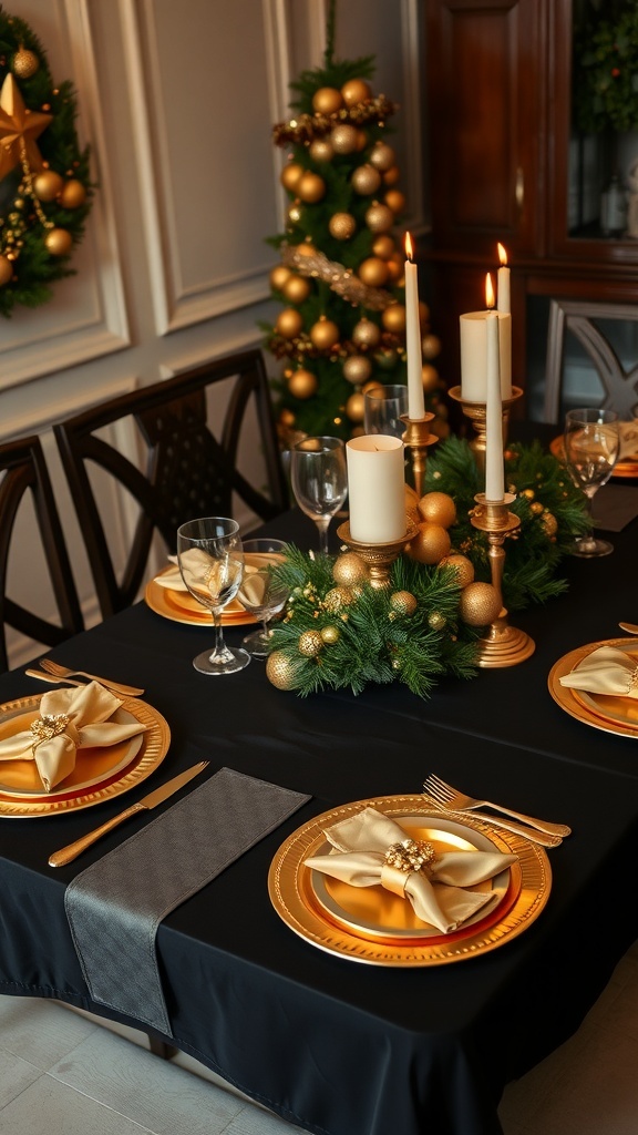 Elegant Black and Gold Christmas Table Settings Elegant black and gold Christmas table setting with chargers, dinnerware, and festive decorations.